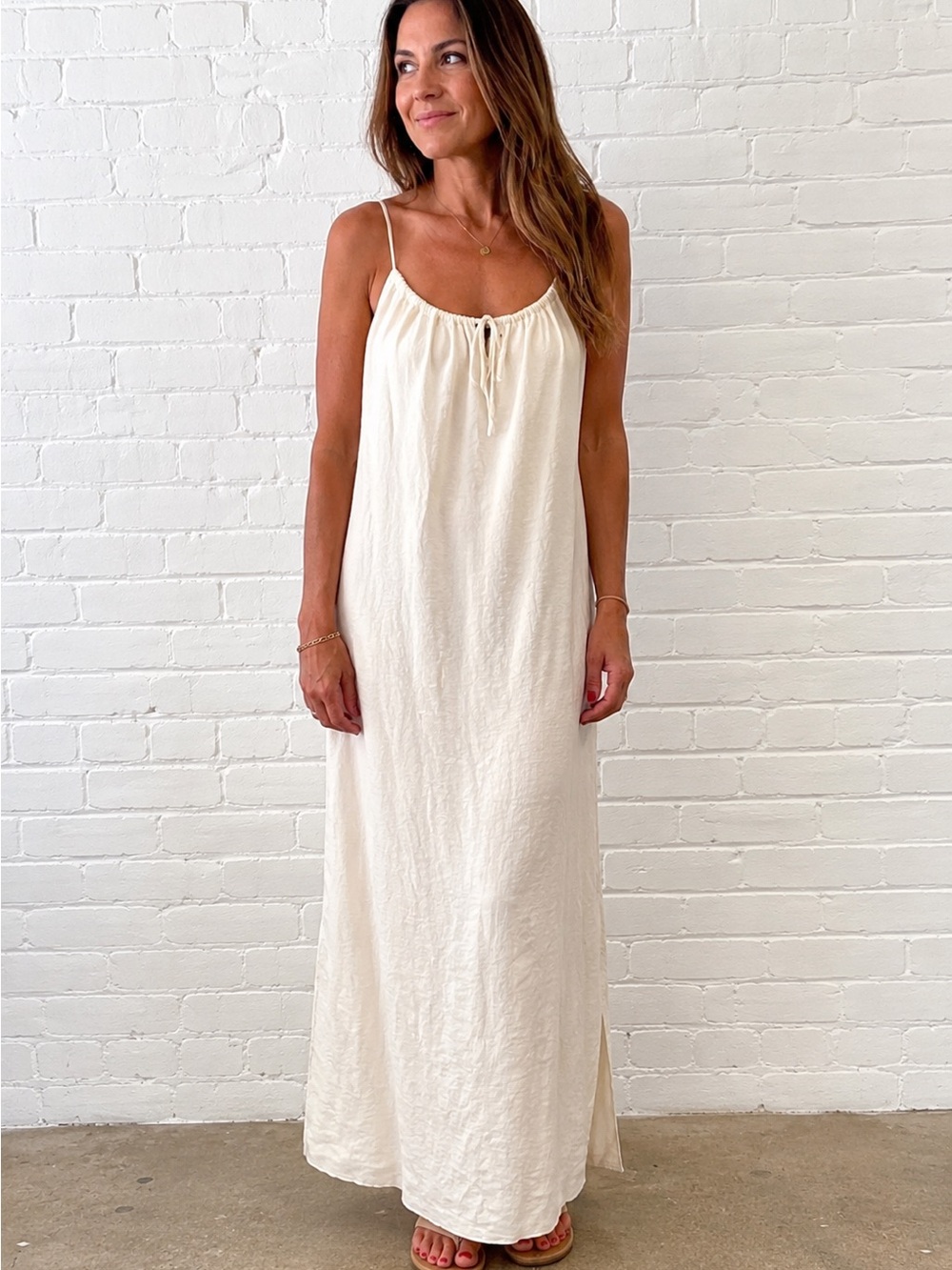 J.Crew Ivory Satin-Feel Slip Maxi Dress | Size M | Adjustable Tie Back